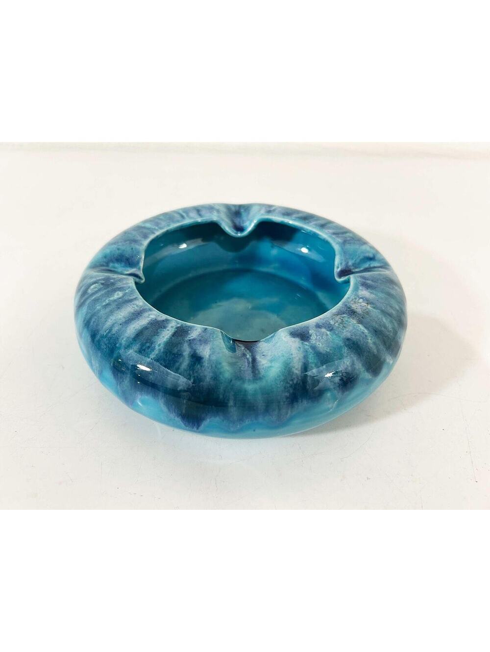 Round Blue Ashtray Drip Glaze Teal Bowl Decor Bermuda Pottery